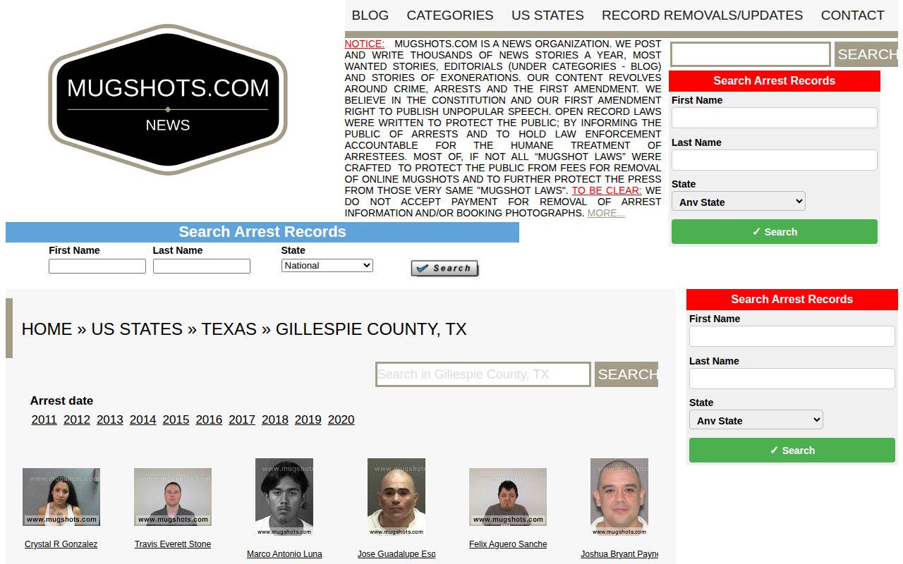 Gillespie County news and booking-record secondary-source interface