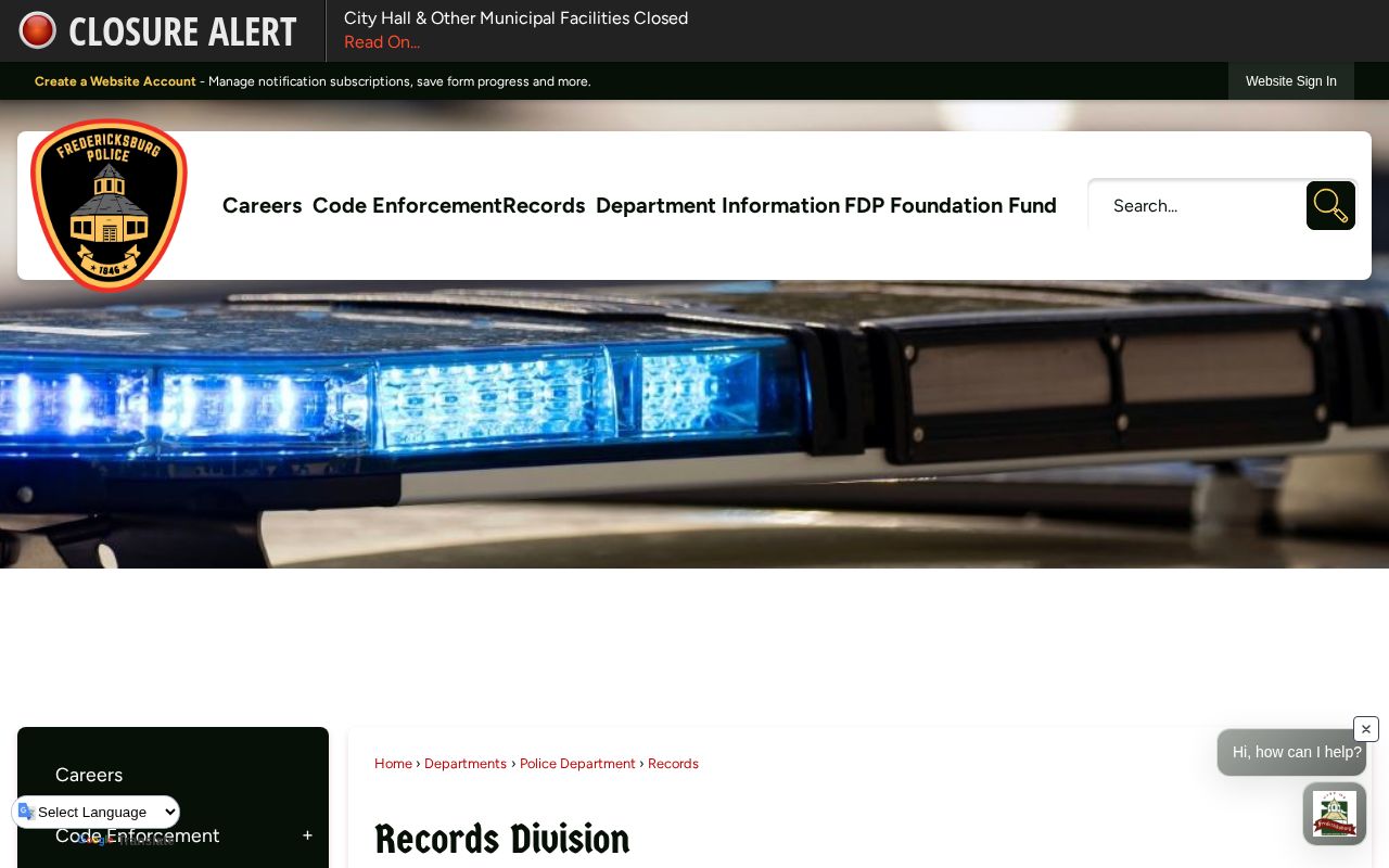 Fredericksburg Police Department Gillespie County records request page